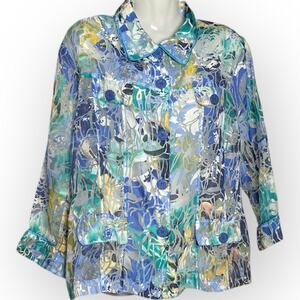 Erin London Burnout Shirt Top Women Small Blue Floral Button Up Linen Rayon